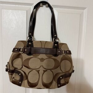 Coach Brown and Tan Signature Shoulder Bag